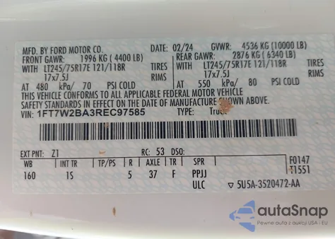 2024 Ford F-250 Xl из США, поврежденный, VIN 1FT7W2BA3REC97585